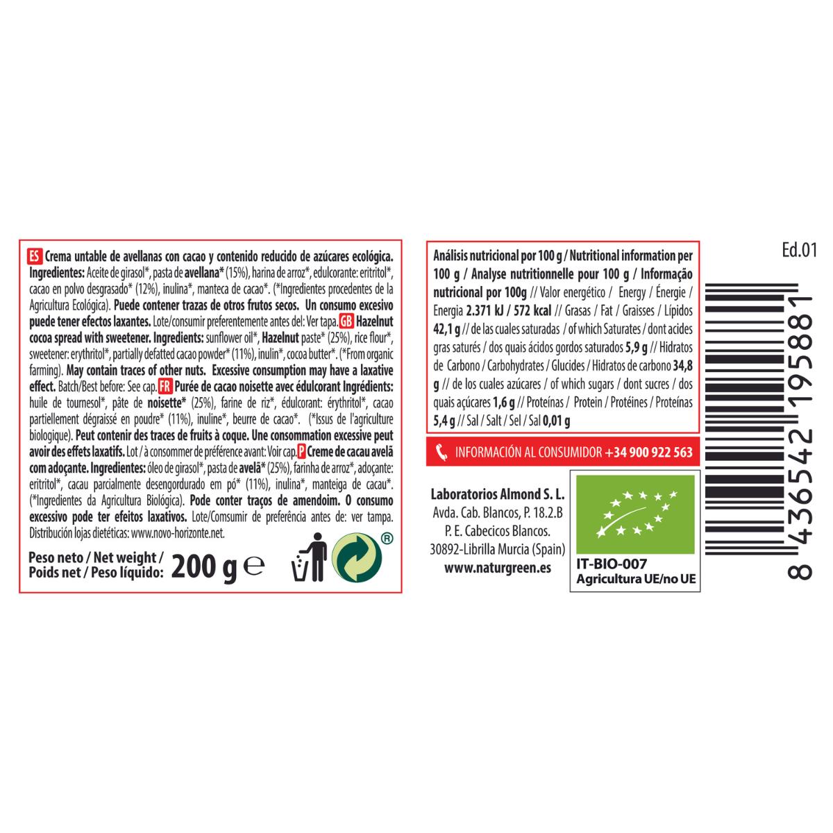 Crème noisette et cacao à teneur réduite en sucre Naturgreen 200 g