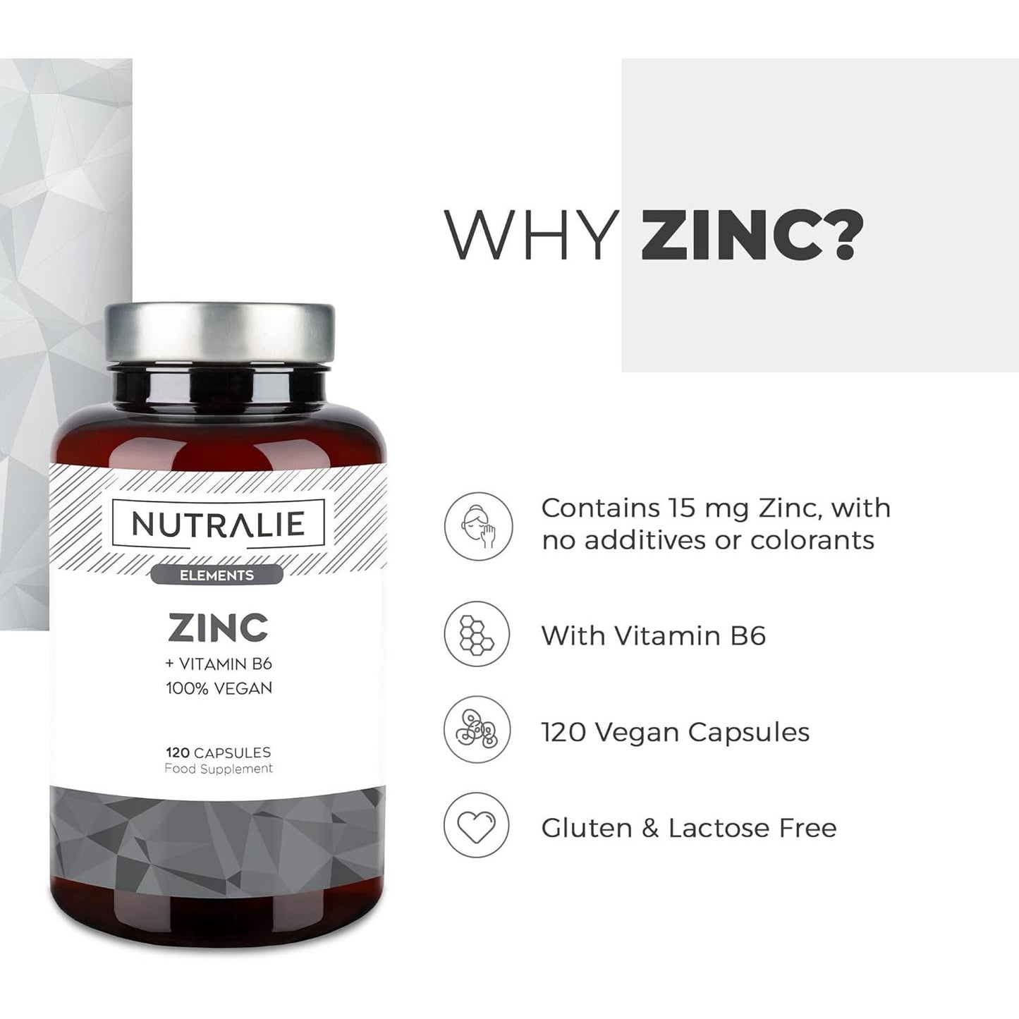 Nutralie Zinc con Vitamina B6 Acné Piel Pelo Vegano 120 Cápsulas
