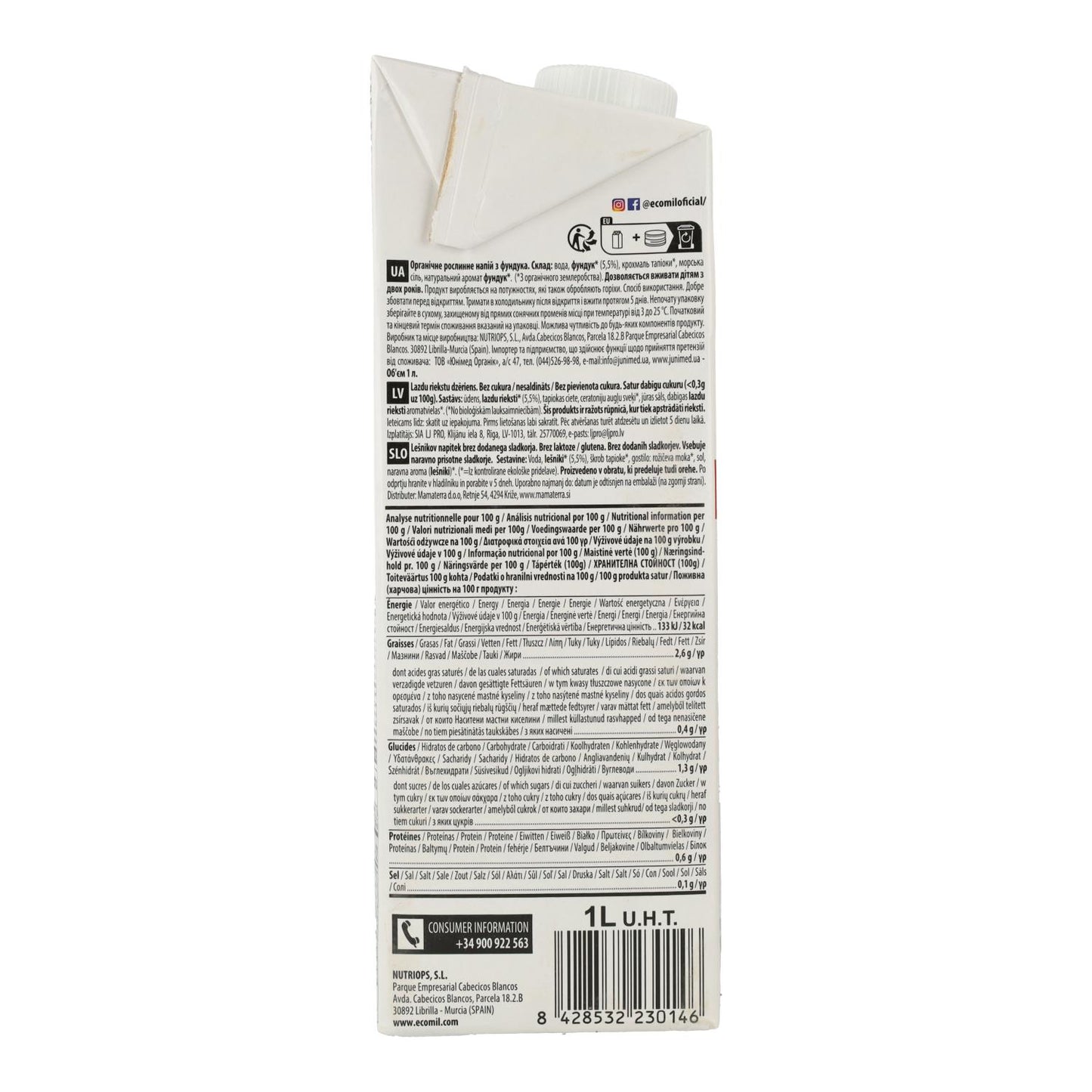 Suikervrije hazelnootdrank Ecomil 1 L