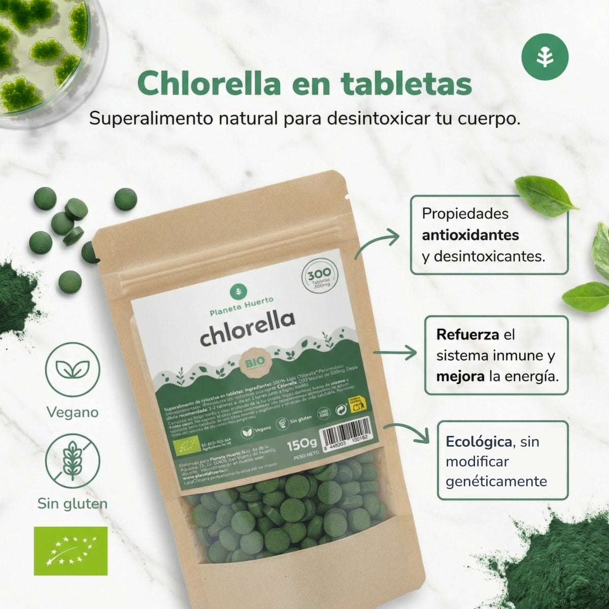 Organisk Chlorella 400 mg Planeta Huerto 300 tabletter