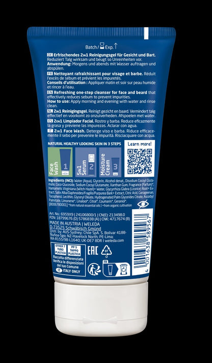 2-in-1 reinigingsgel voor gezicht en baard voor mannen Weleda, 100 ml.