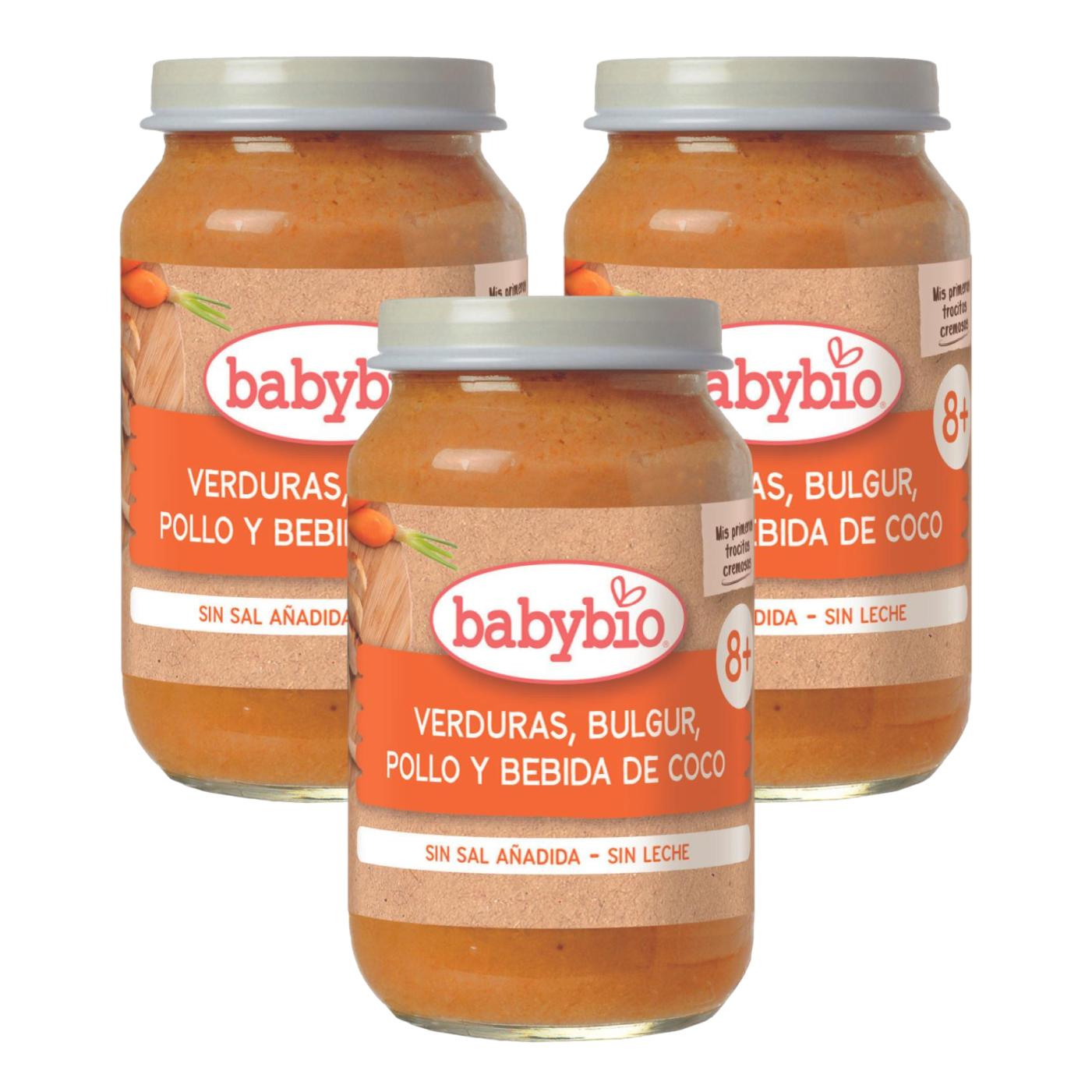 Pakket van 3 stuks groentebitjes, bulgur, kip en kokosdrank Babybio 200 g