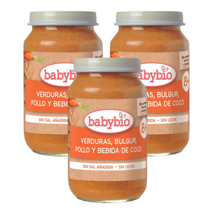 Pakket van 3 stuks groentebitjes, bulgur, kip en kokosdrank Babybio 200 g