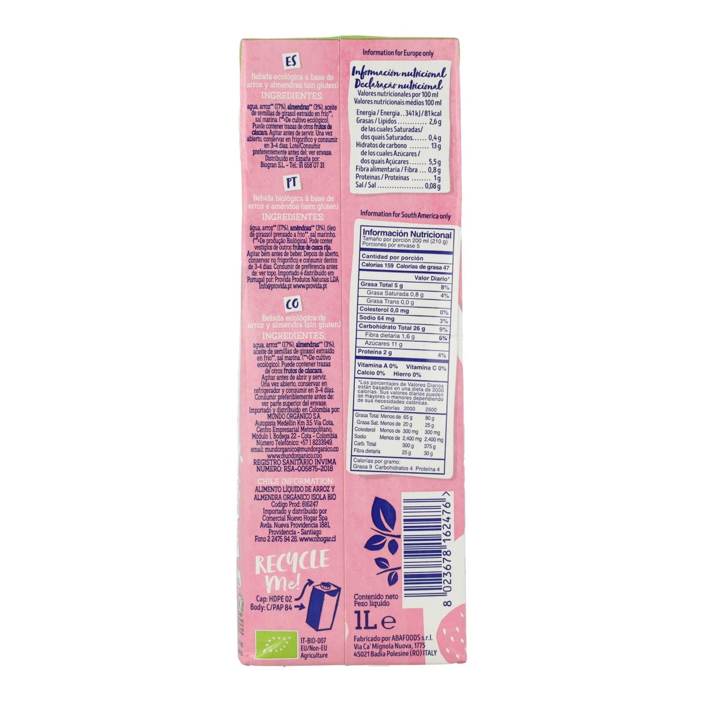 6-pack ekologisk ris- och mandeldryck Isola BIO 1 l