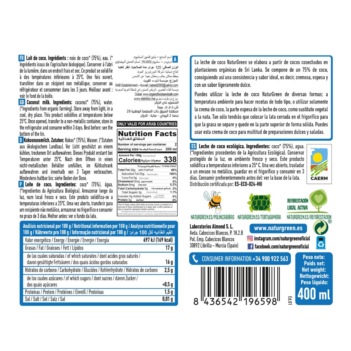Confezione da 6 latte di cocco biologico NaturGreen 400 g