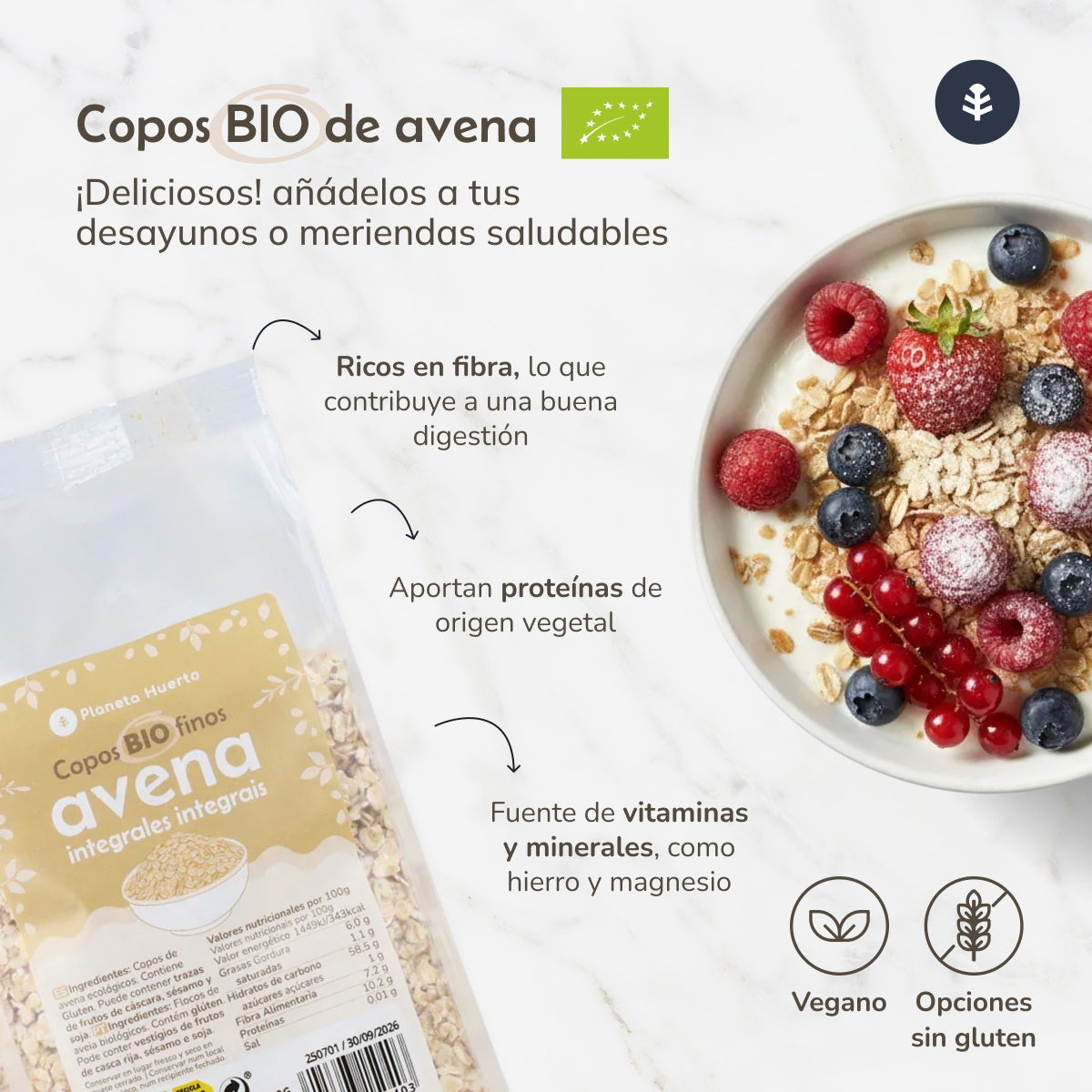 Pak 2x ECO Planeta Huerto 500 g fijne volkoren havervlokken