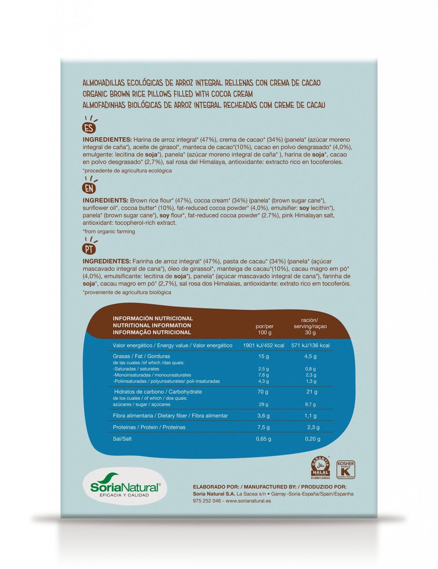 Bruine rijstkussentjes gevuld met cacaocrème Soria Natural 375 g