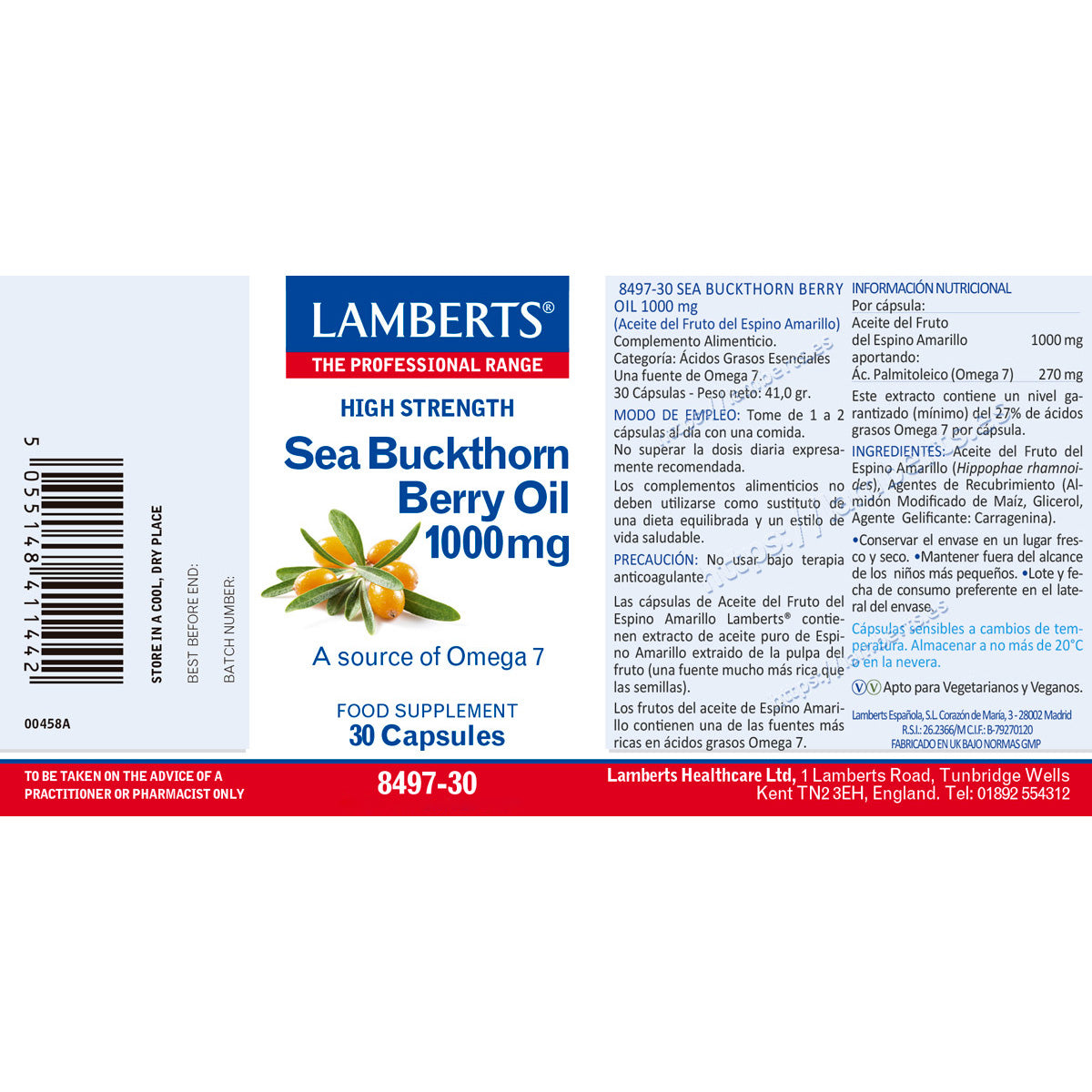 Sea Buckthorn Fruit Oil 1000 mg rich in Omega 7, Lamberts, 30 capsules