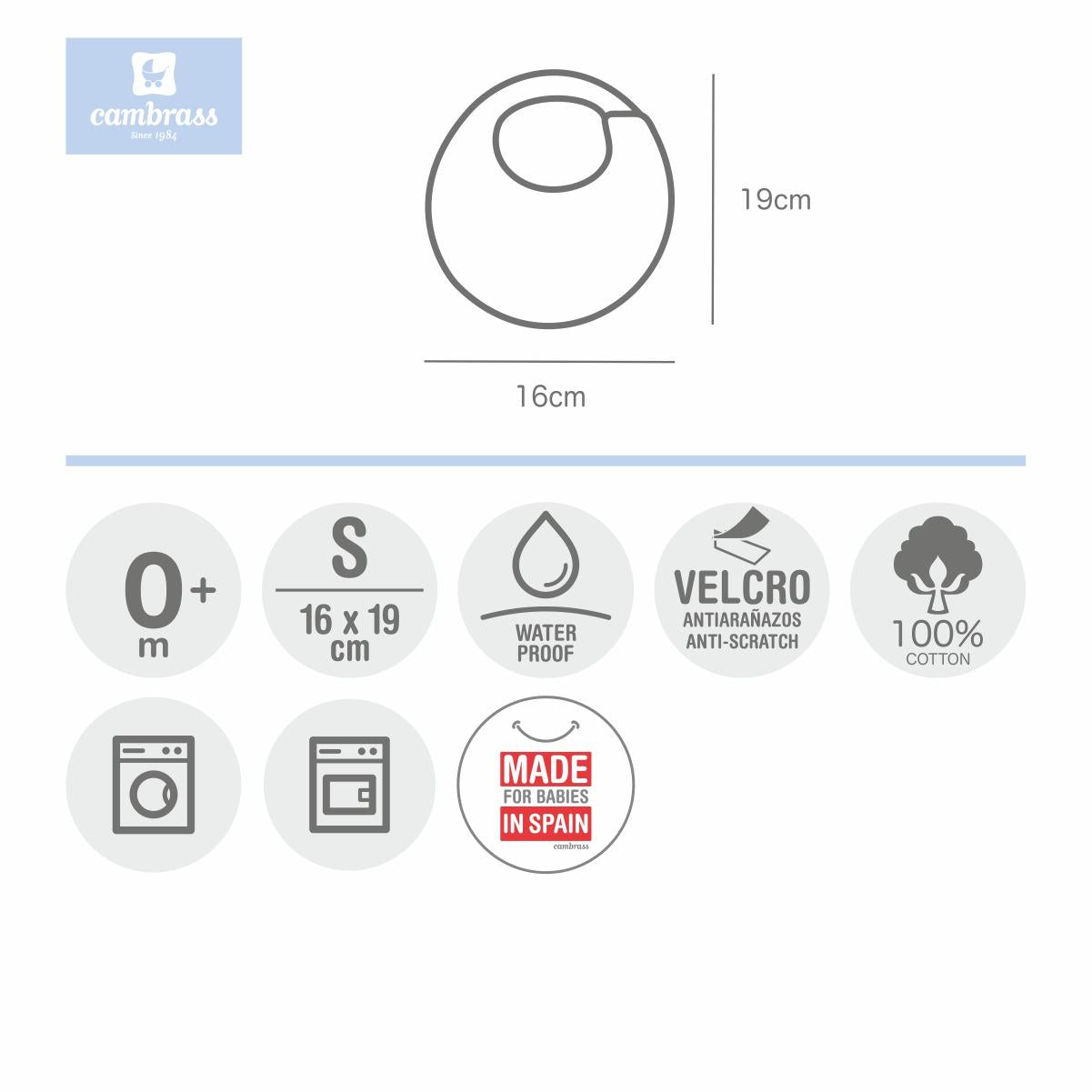 Rund haklapp med kardborreband Pío pío från Cambrass, ljusblå