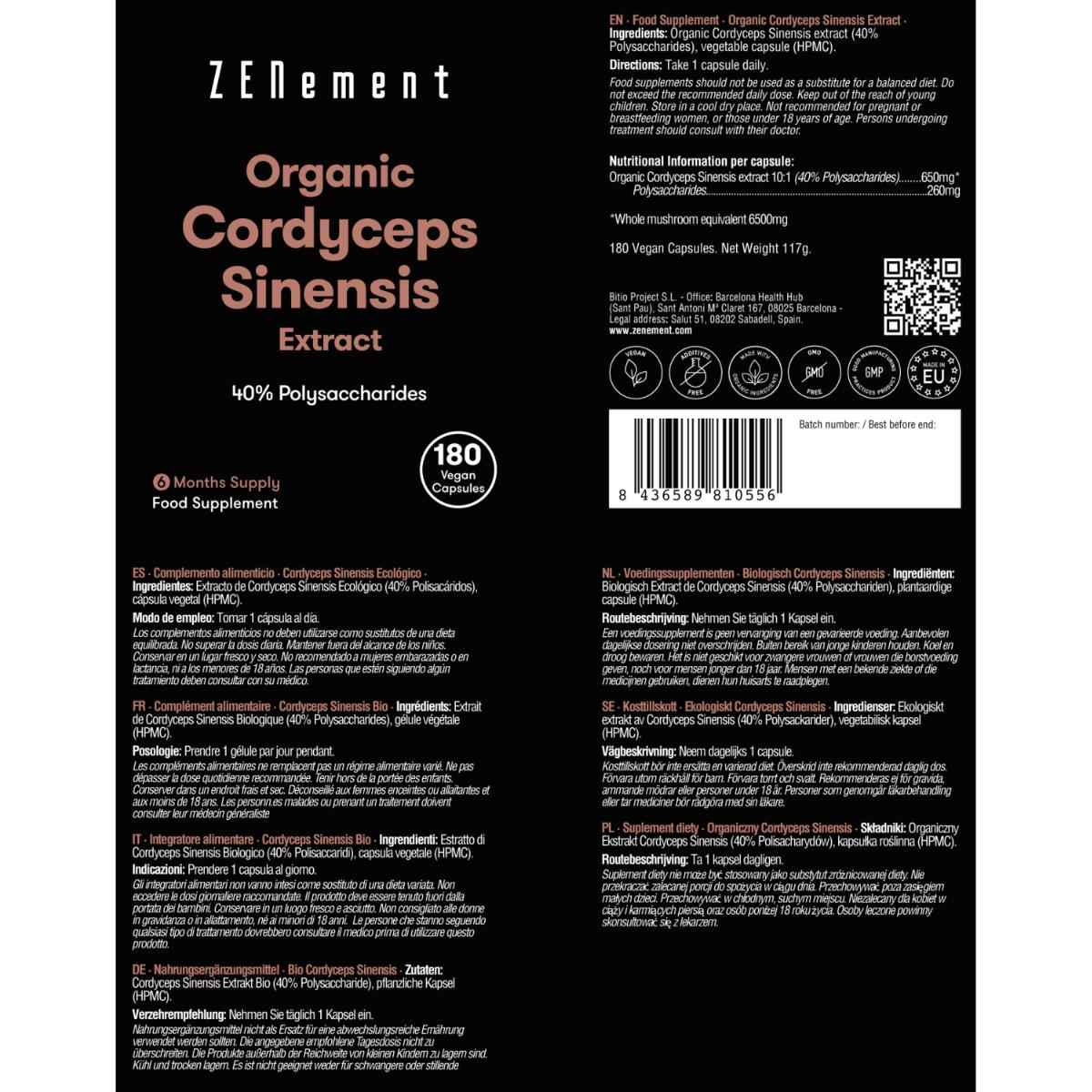 Cordyceps Sinensis ECO Extract 40% Polysaccharides Zenement, 180 tablets Organic Cordyceps Sinensis