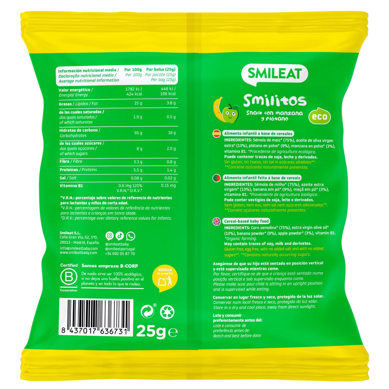 Opakowanie 12x Smilitos, przekąska z jabłek i bananów, Smileat, 25 g